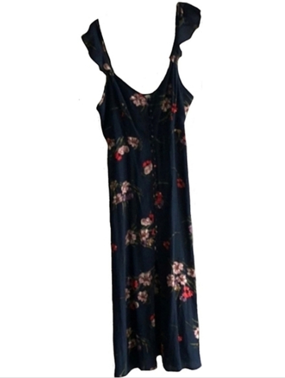 Dress Forum Navy Blue Dark Floral Print Long Midi Feminine Ruffle Trim Sexy L